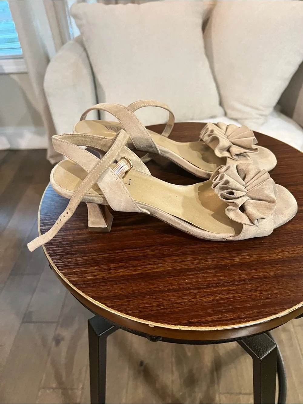 VANELi Beige Nude Suede Ruffle Ankle Strap Kitten Heel Sandals, size 10